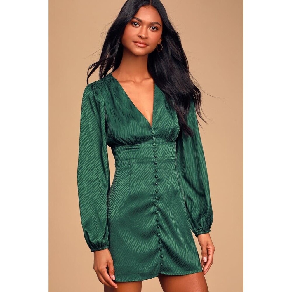 Lulu’s Place In My Heart Forest Green Tiger-Embossed Button-Up Dress Sz Small